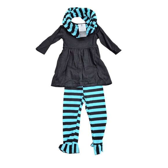 Black & Blue Striped Ruffle Legging 3 PIECE Set For Girls Size 4T - Picture 1 of 1